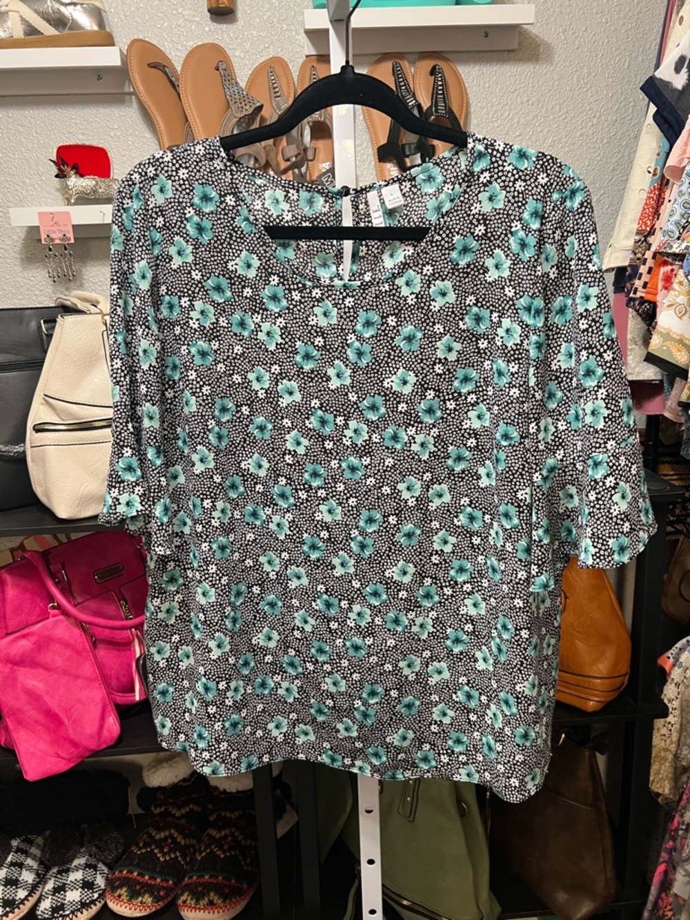 Elle Black Blouse with Aqua Floral Print